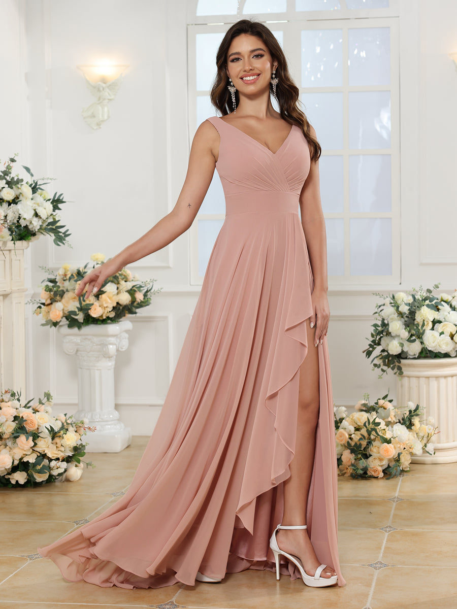 A-Line/Princess V-Neck Long Wedding Party Dresses with Split Side &amp; Pockets