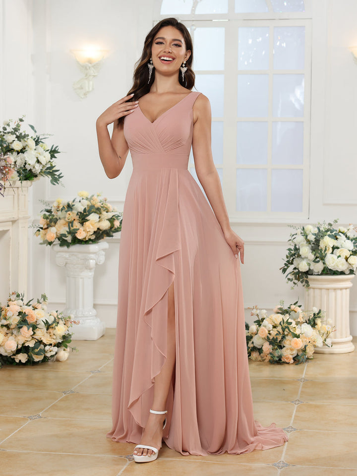 A-Line/Princess V-Neck Long Wedding Party Dresses with Split Side &amp; Pockets