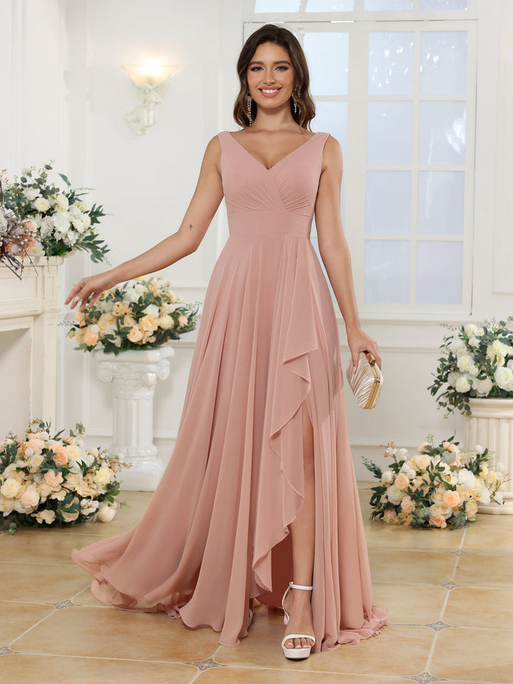A-Line/Princess V-Neck Long Wedding Party Dresses with Split Side &amp; Pockets