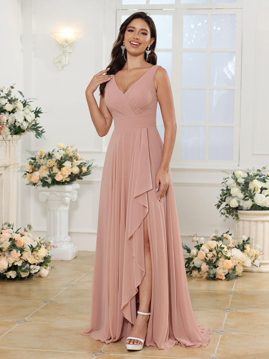 A-Line/Princess V-Neck Long Wedding Party Dresses with Split Side &amp; Pockets