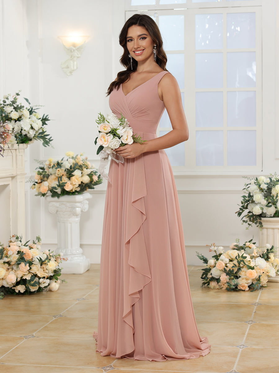 A-Line/Princess V-Neck Long Wedding Party Dresses with Split Side &amp; Pockets