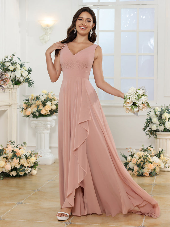 A-Line/Princess V-Neck Long Wedding Party Dresses with Split Side &amp; Pockets