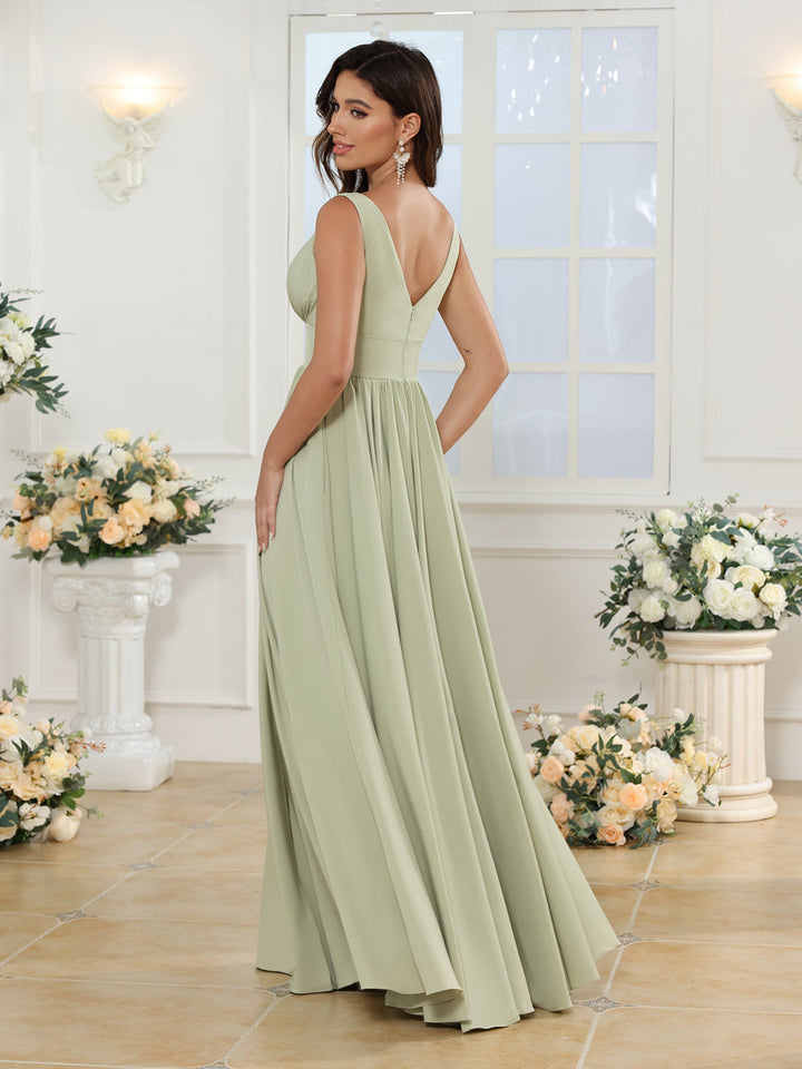 A-Line/Princess V-Neck Long Wedding Party Dresses with Split Side &amp; Pockets