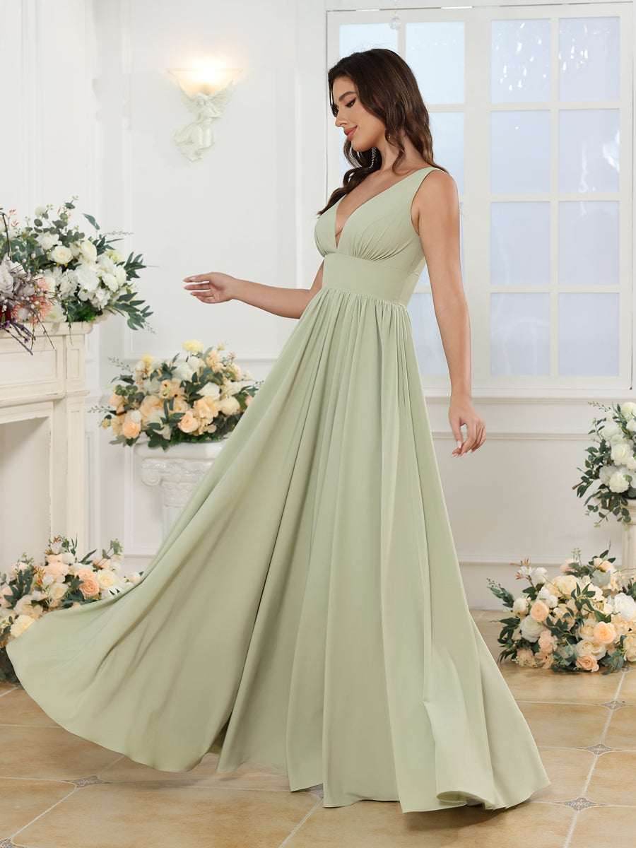 A-Line/Princess V-Neck Long Wedding Party Dresses with Split Side &amp; Pockets