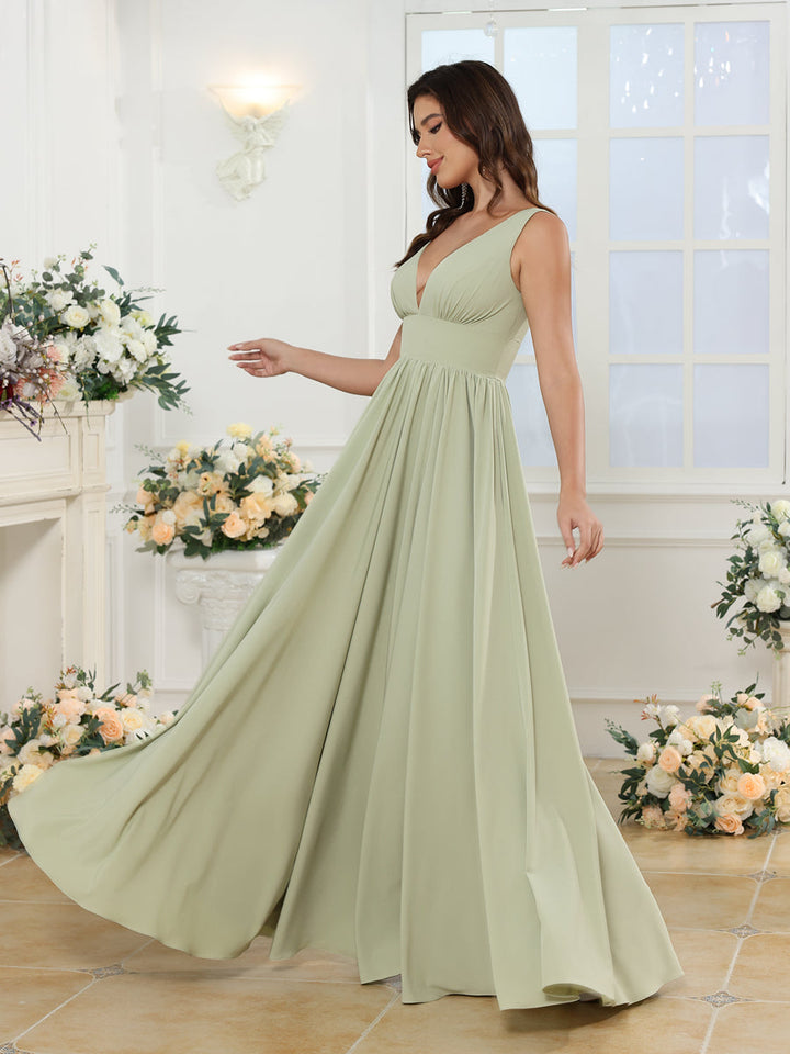 A-Line/Princess V-Neck Long Wedding Party Dresses with Split Side &amp; Pockets