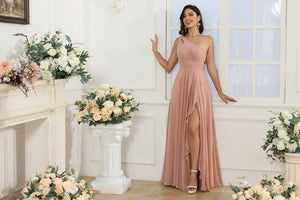 A-Line/Princess One-Shoulder Long Wedding Party Dresses with Split Side