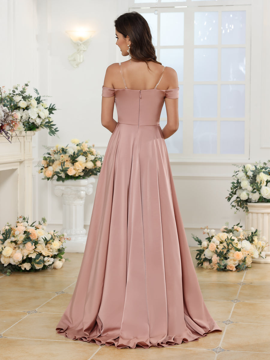 A-Line/Princess Off-the-Shoulder Long Wedding Party Dresses with Split Side