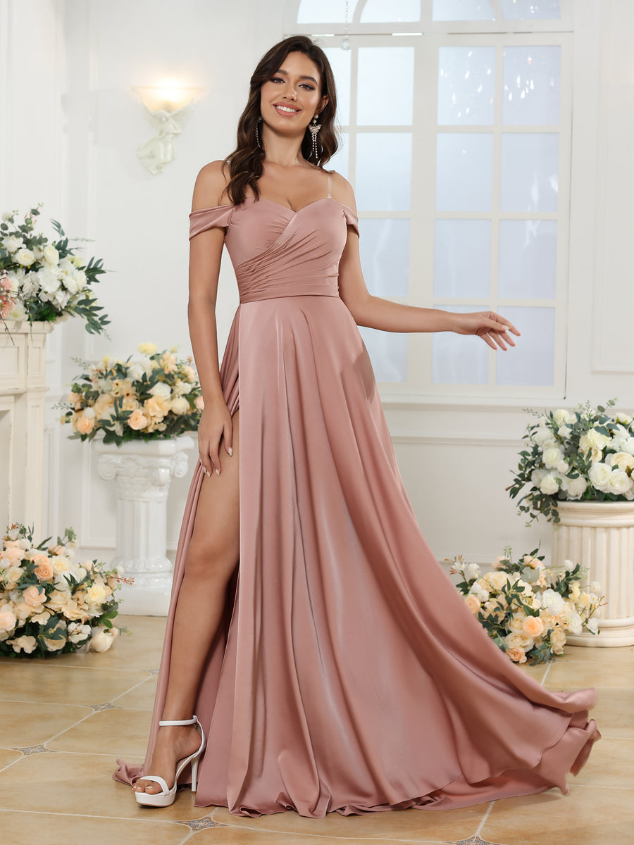 A-Line/Princess Off-the-Shoulder Long Wedding Party Dresses with Split Side