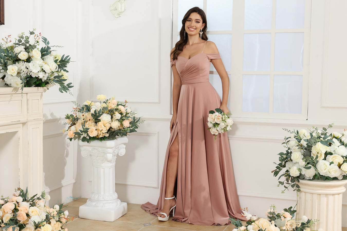 A-Line/Princess Off-the-Shoulder Long Wedding Party Dresses with Split Side
