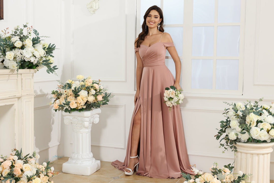 A-Line/Princess Off-the-Shoulder Long Wedding Party Dresses with Split Side